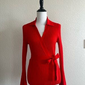 Loft Red Ribbed Knit Cardigan with Tie Waist
